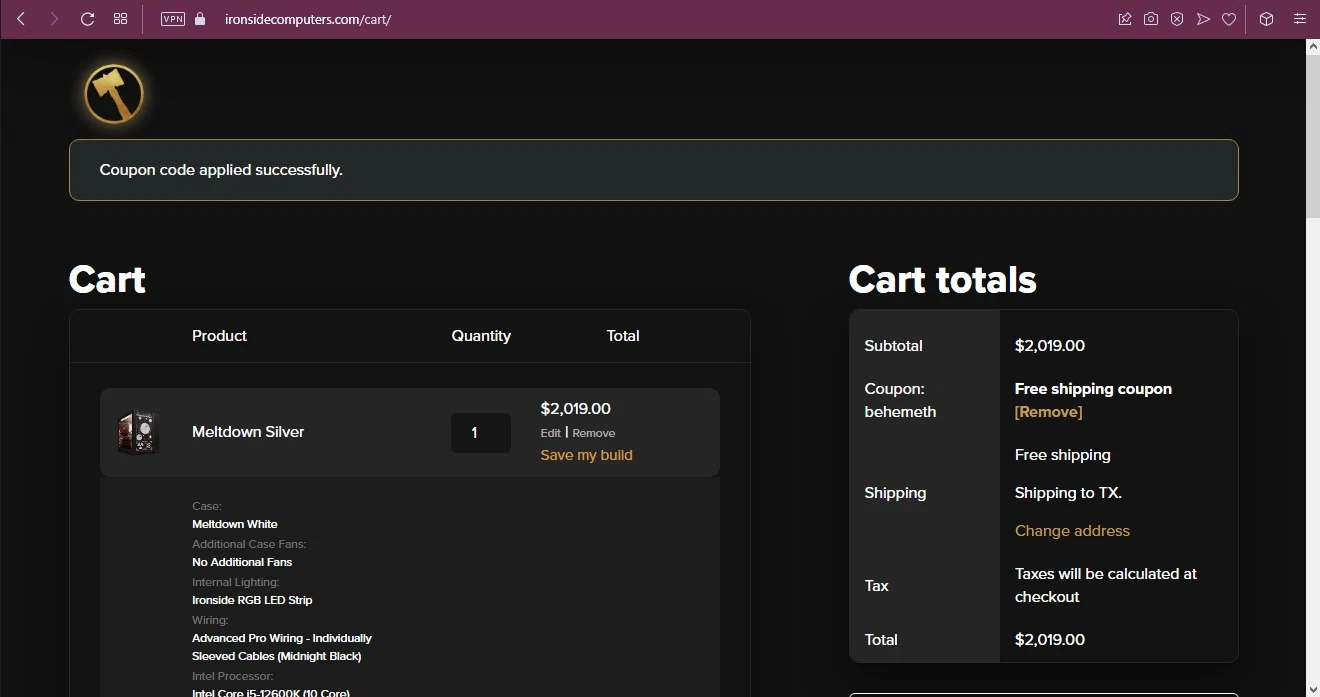 Ironside Computers checkout page showing Ironside Computers promo code box | Screenshot taken by SimplyCodes community member on Oct 11, 2022