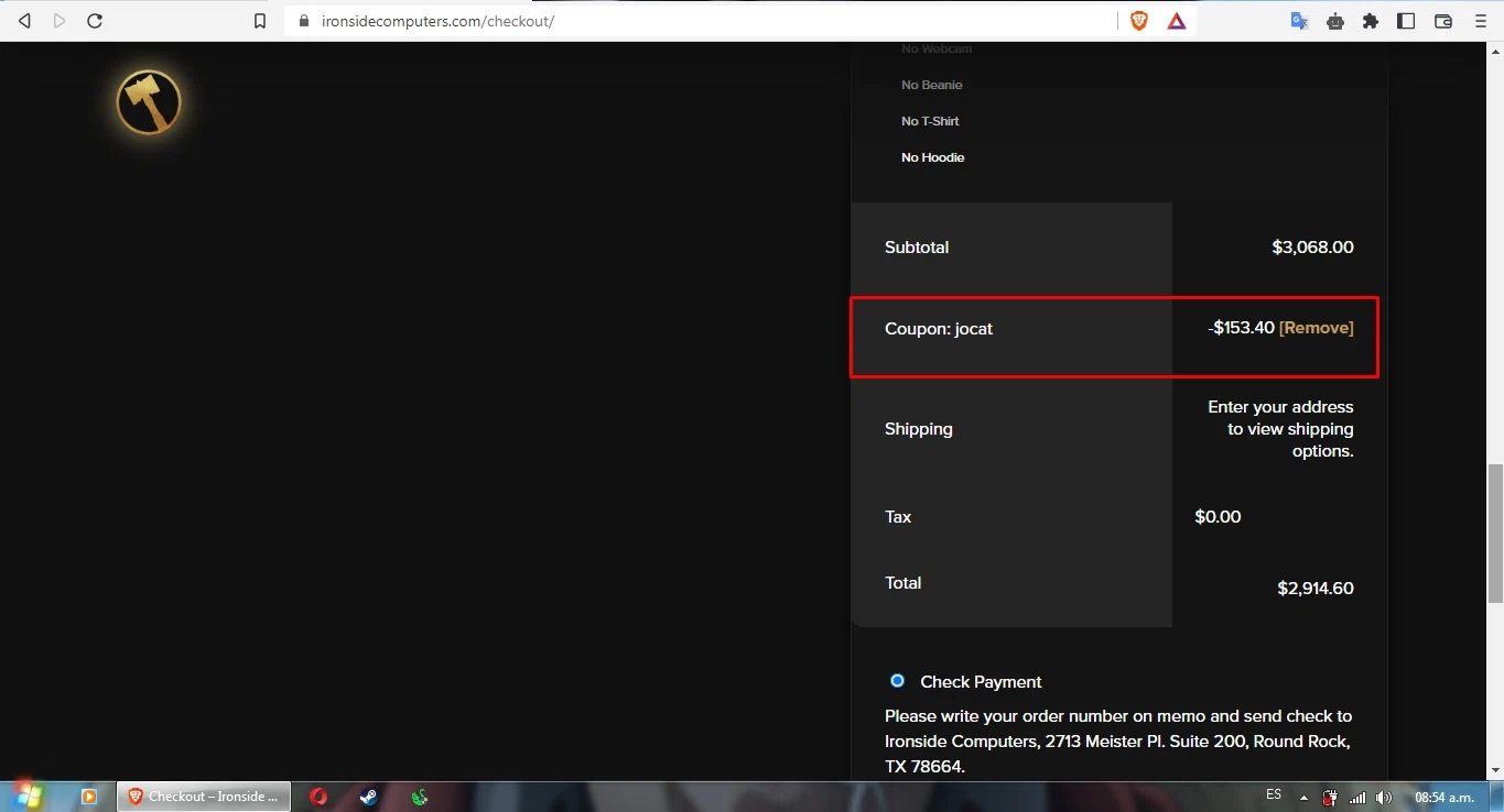 Ironside Computers checkout page showing Ironside Computers promo code box | Screenshot taken by SimplyCodes community member on Oct 6, 2022