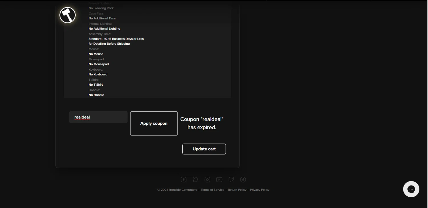 Ironside Computers promo code screenshot showing code realdeal applied at Ironside Computers checkout page. Uploaded by SimplyCodes community member MagnifiHero3476 on Dec 7, 2025