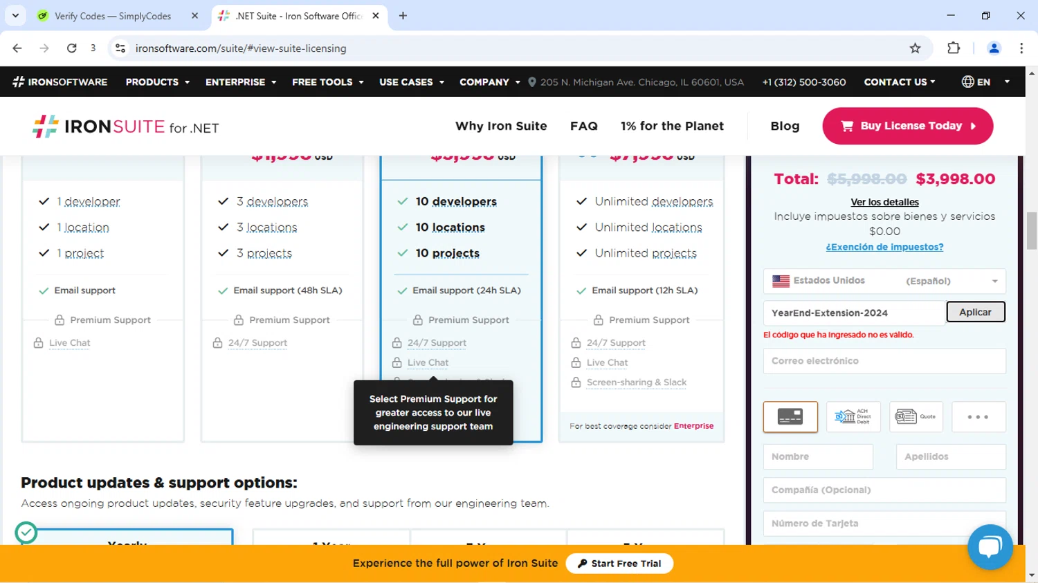 Iron Software promo code screenshot showing code YearEnd-Extension-2024 applied at Iron Software checkout page. Uploaded by SimplyCodes community member JoseVentura on Jul 13, 2025