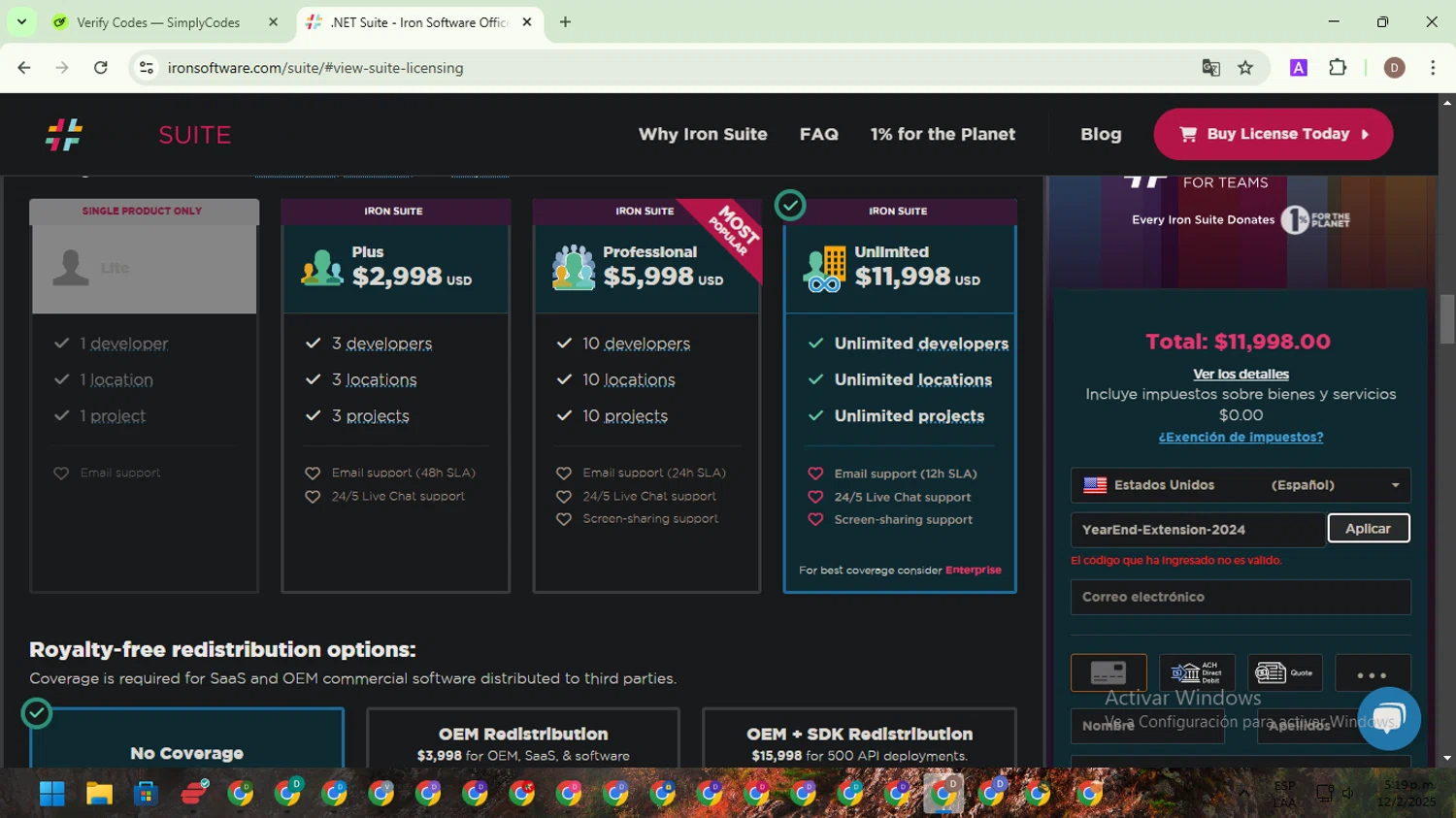 Iron Software promo code screenshot showing code YearEnd-Extension-2024 applied at Iron Software checkout page. Uploaded by SimplyCodes community member NobleWarden6764 on Feb 12, 2025