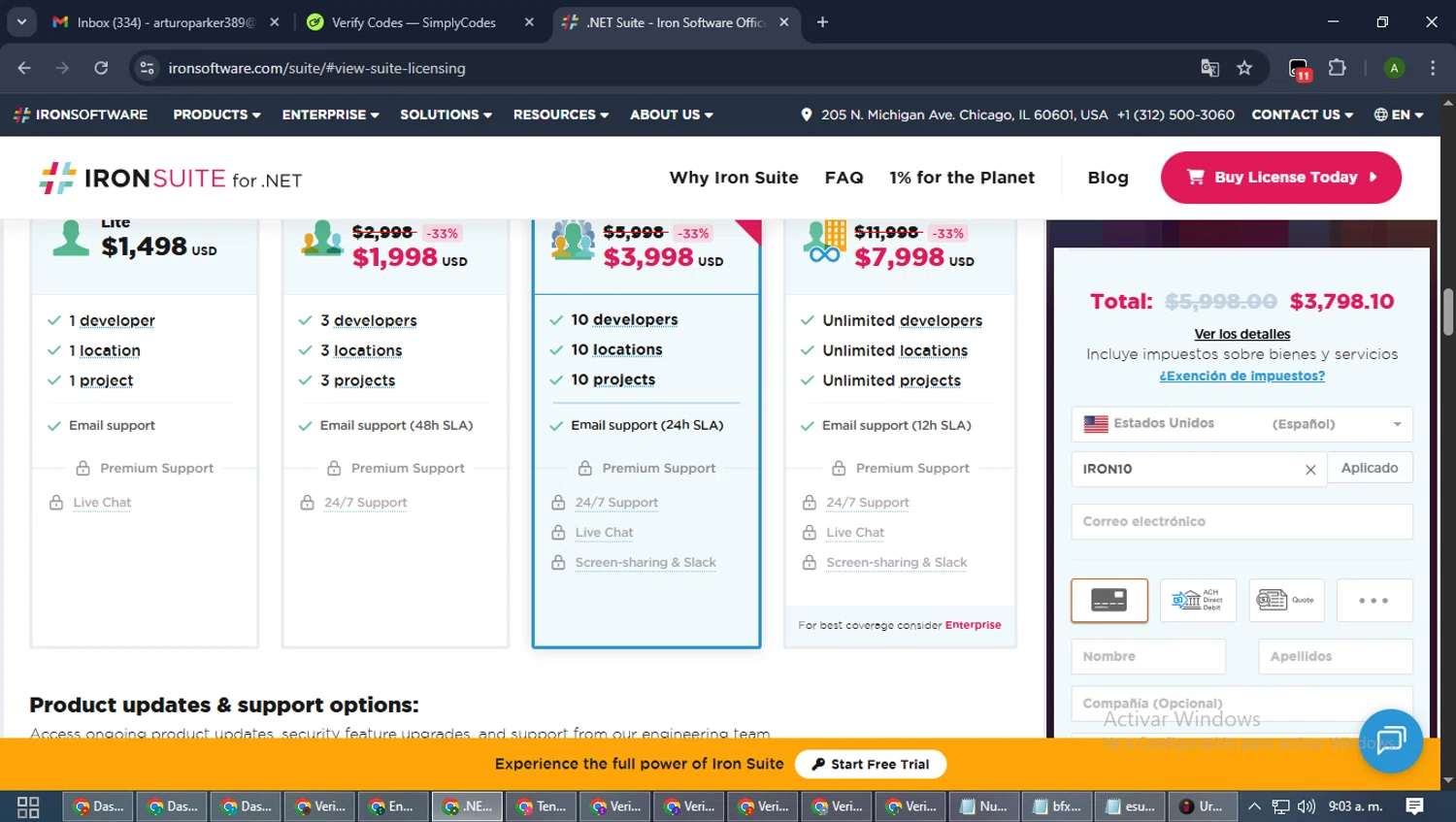 Iron Software promo code screenshot showing code IRON10 applied at Iron Software checkout page. Uploaded by SimplyCodes community member CashLynx5338 on Sep 24, 2025