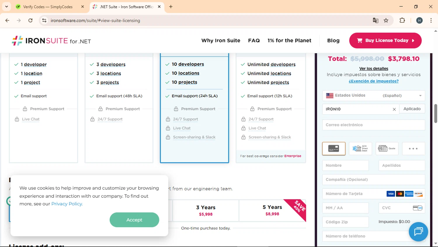 Iron Software checkout page showing Iron Software promo code box | Screenshot taken by SimplyCodes community member on Sep 13, 2025