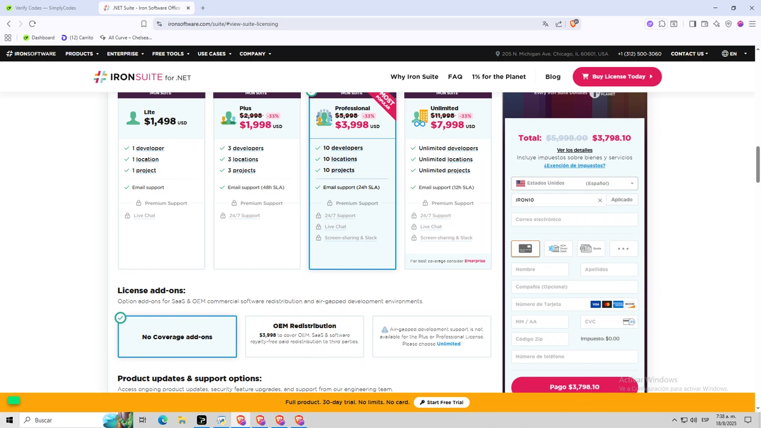 Iron Software checkout page showing Iron Software promo code box | Screenshot taken by SimplyCodes community member on Aug 18, 2025