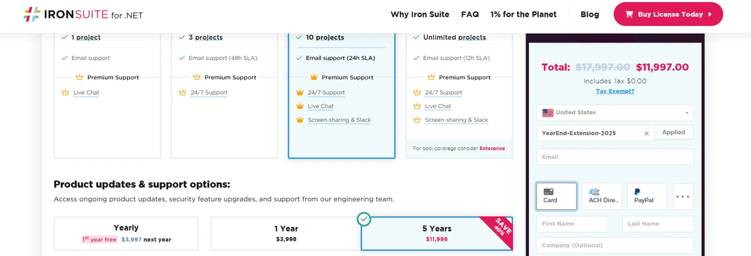 Iron Software promo code screenshot showing code YearEnd-Extension-2025 applied at Iron Software checkout page. Uploaded by SimplyCodes community member jesspea on Dec 17, 2025