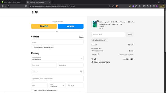 Iron Studios checkout page showing Iron Studios coupon code box | Screenshot taken by SimplyCodes community member on Jul 22, 2025