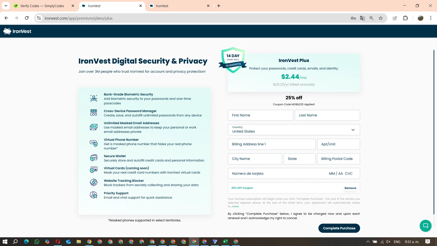 IronVest promo code screenshot showing code MOBILE25 applied at IronVest checkout page. Uploaded by SimplyCodes community member FundoEsperanza on Oct 16, 2025