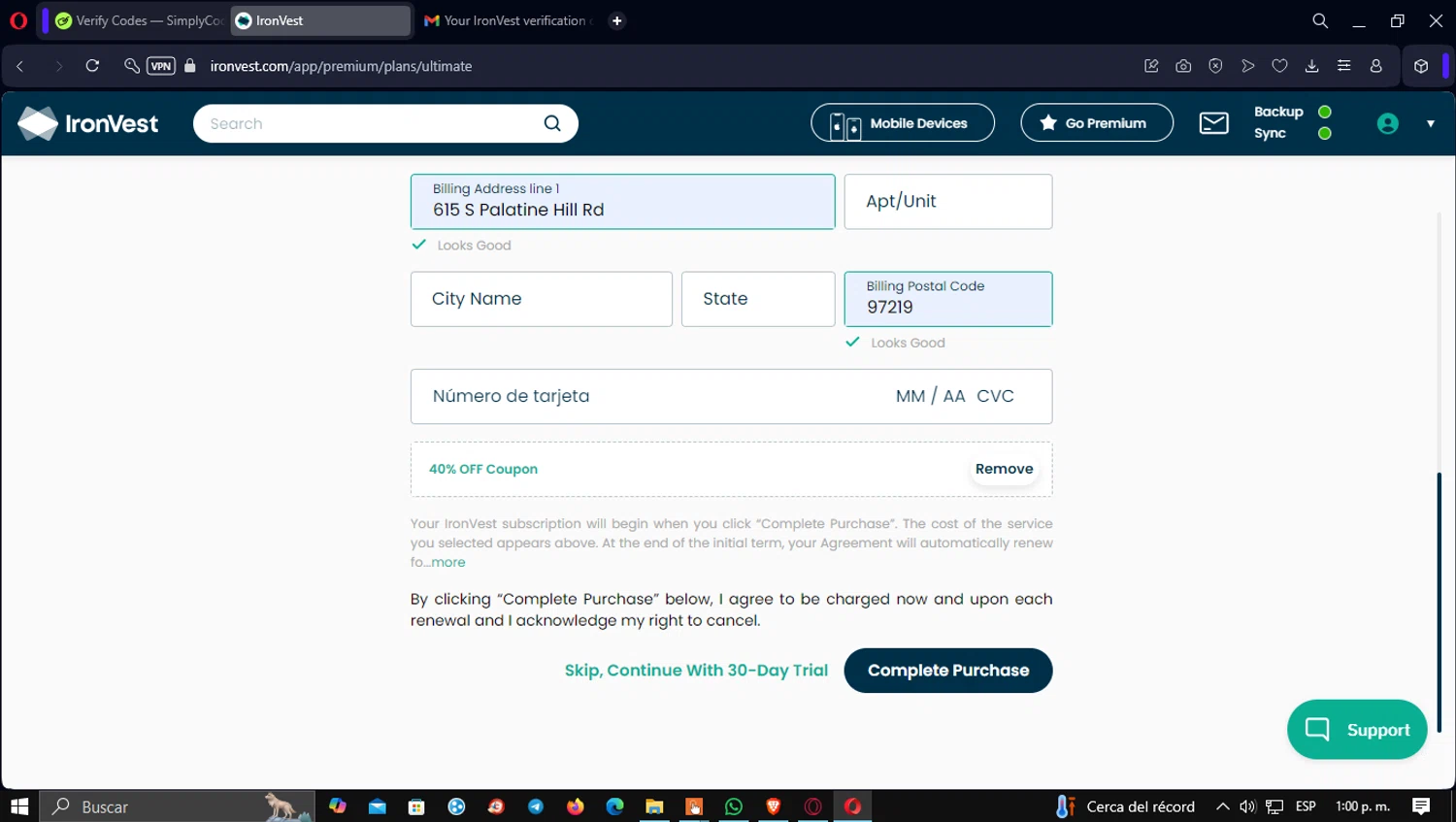 IronVest checkout page showing IronVest promo code box | Screenshot taken by SimplyCodes community member on Nov 7, 2024