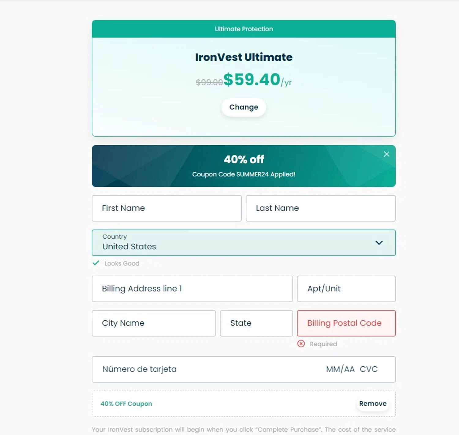 IronVest checkout page showing IronVest promo code box | Screenshot taken by SimplyCodes community member on Jul 12, 2024