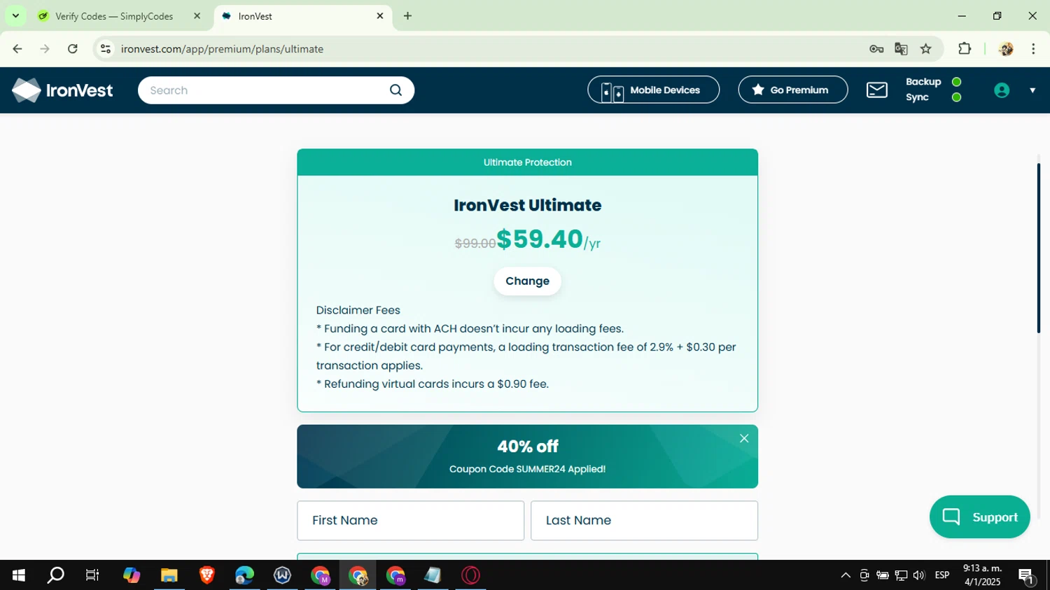 IronVest checkout page showing IronVest promo code box | Screenshot taken by SimplyCodes community member on Jan 4, 2025