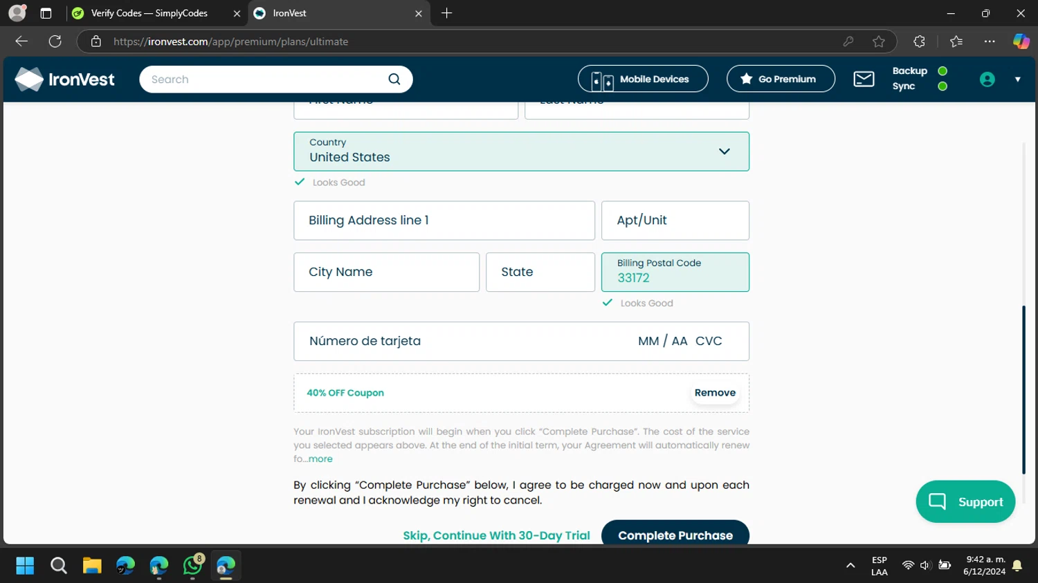 IronVest checkout page showing IronVest promo code box | Screenshot taken by SimplyCodes community member on Dec 6, 2024