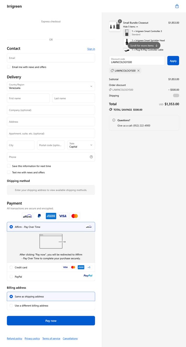 Irrigreen checkout page showing Irrigreen promo code box | Screenshot taken by SimplyCodes community member on Sep 9, 2025