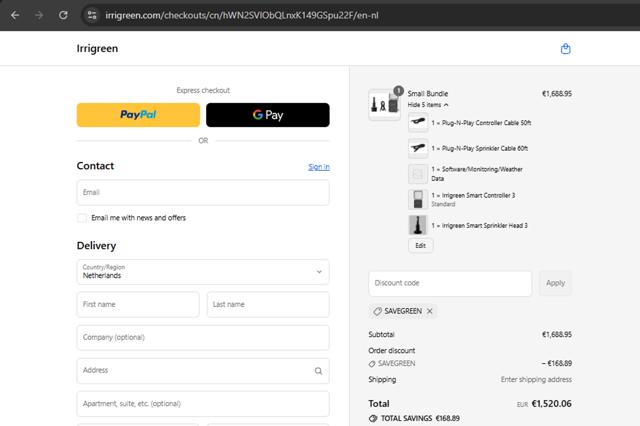Irrigreen checkout page showing Irrigreen promo code box | Screenshot taken by SimplyCodes community member on Sep 9, 2025