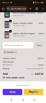 IRVING10 coupon verification screenshot