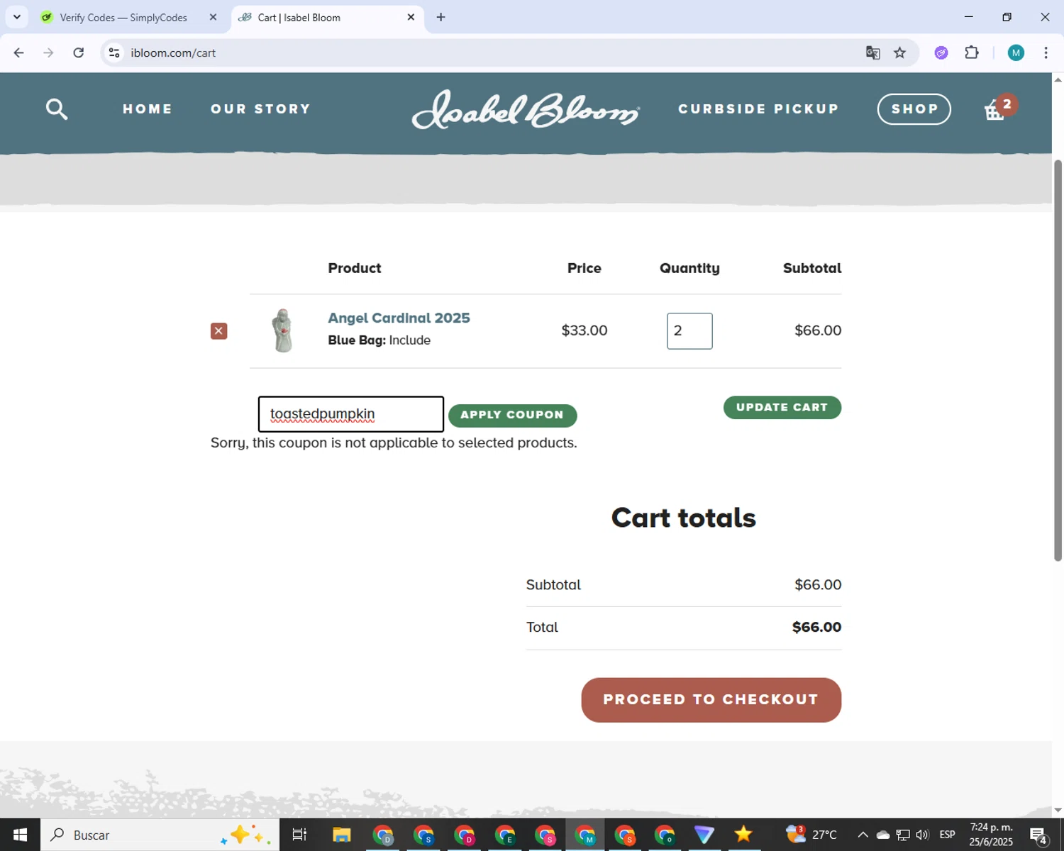 Isabel Bloom coupon code screenshot showing code toastedpumpkin applied at Isabel Bloom checkout page. Uploaded by SimplyCodes community member 000005 on Jun 25, 2025