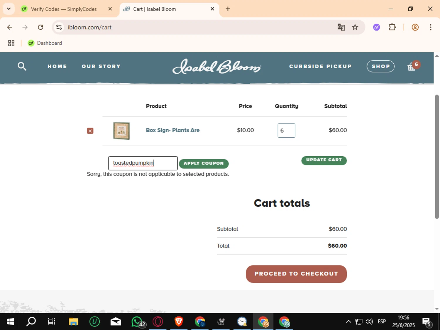 Isabel Bloom coupon code screenshot showing code toastedpumpkin applied at Isabel Bloom checkout page. Uploaded by SimplyCodes community member Crchirino1 on Jun 25, 2025