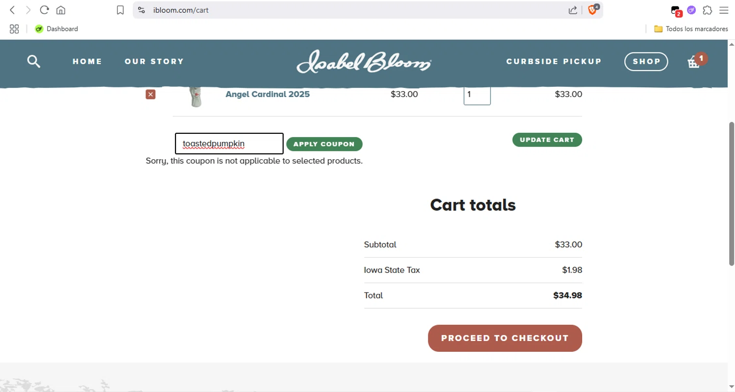 Isabel Bloom coupon code screenshot showing code toastedpumpkin applied at Isabel Bloom checkout page. Uploaded by SimplyCodes community member LegendaryTitan9160 on Jun 25, 2025