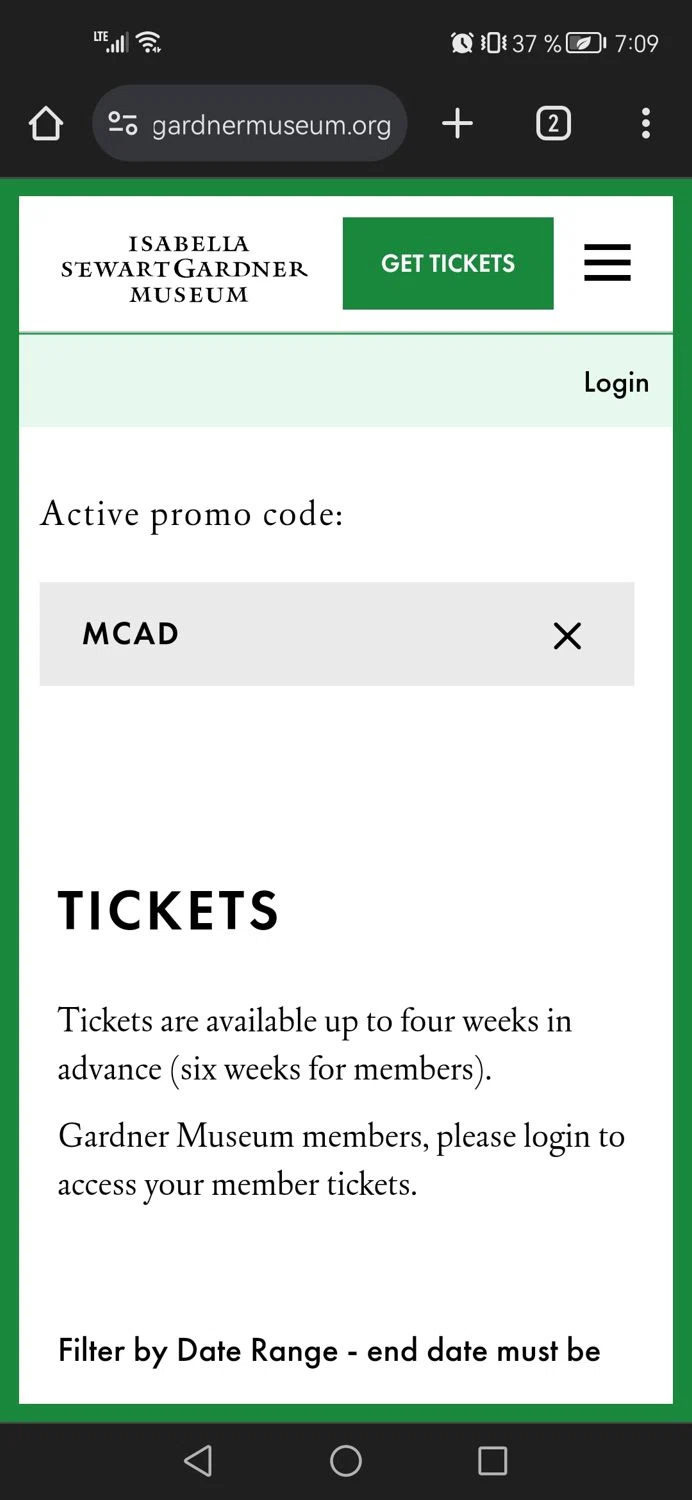 where to use Isabella Stewart Gardner Museum promo code box