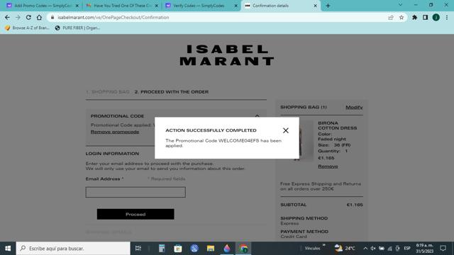 Isabel Marant checkout page showing Isabel Marant coupon code box | Screenshot taken by SimplyCodes community member on May 31, 2023