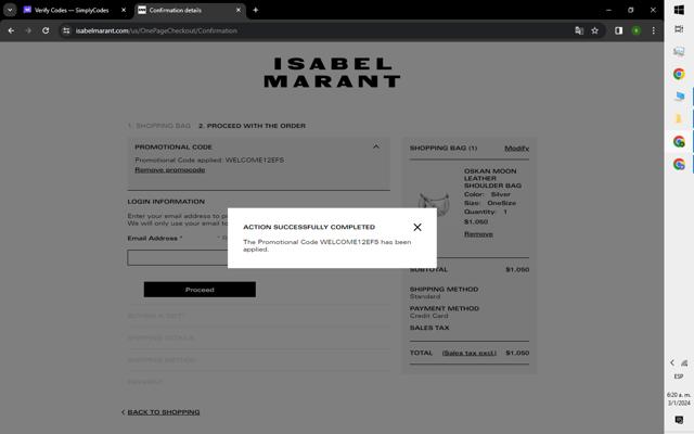 Isabel Marant checkout page showing Isabel Marant coupon code box | Screenshot taken by SimplyCodes community member on Jan 3, 2024