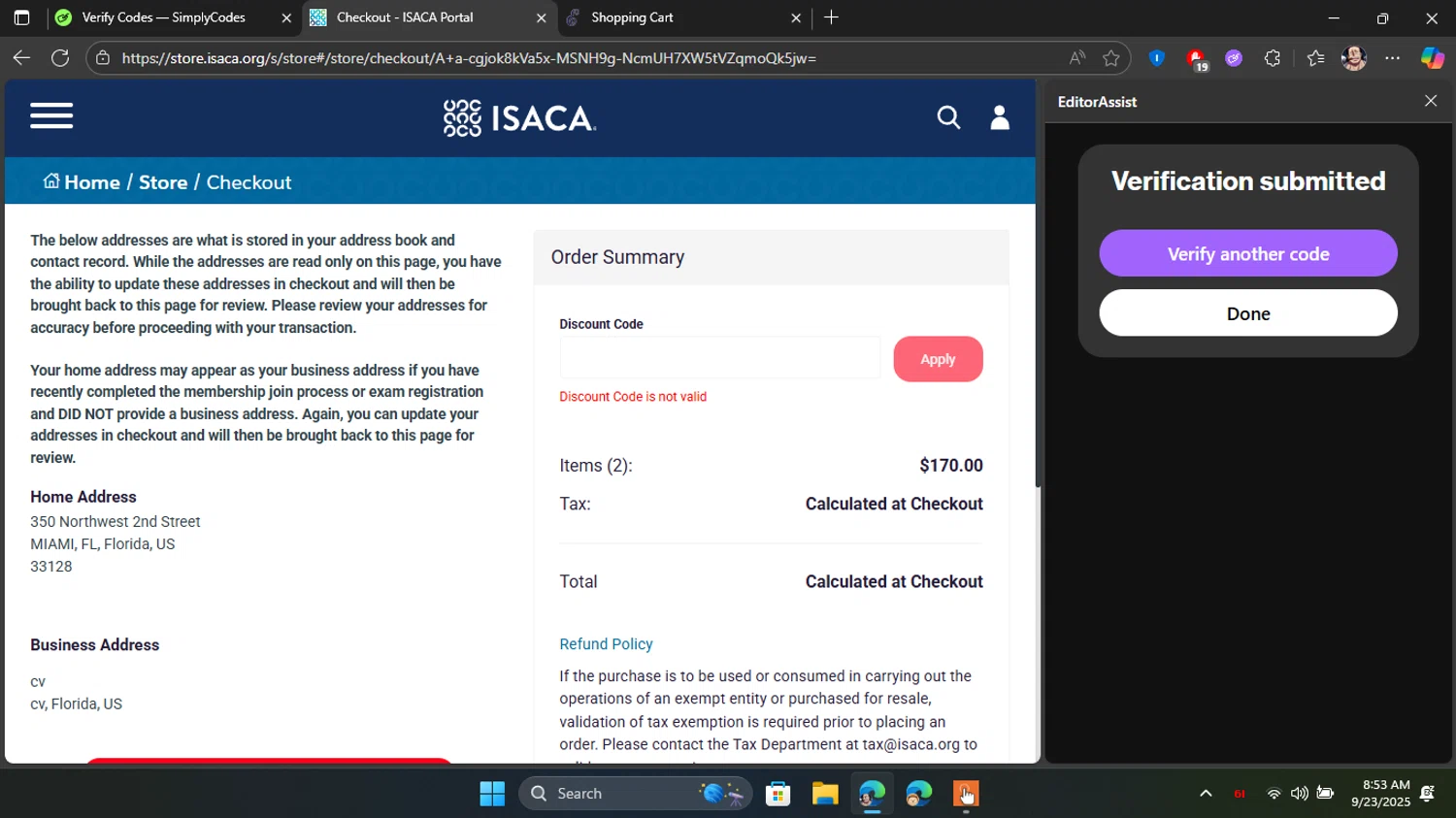 ISACA discount code screenshot showing code PRODAAIA20 applied at ISACA checkout page. Uploaded by SimplyCodes community member Blackleg_Sanji on Sep 23, 2025