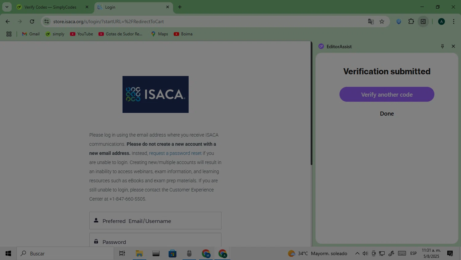 ISACA discount code screenshot showing code CHAPThankYouAAIA applied at ISACA checkout page. Uploaded by SimplyCodes community member Saturno on Aug 5, 2025