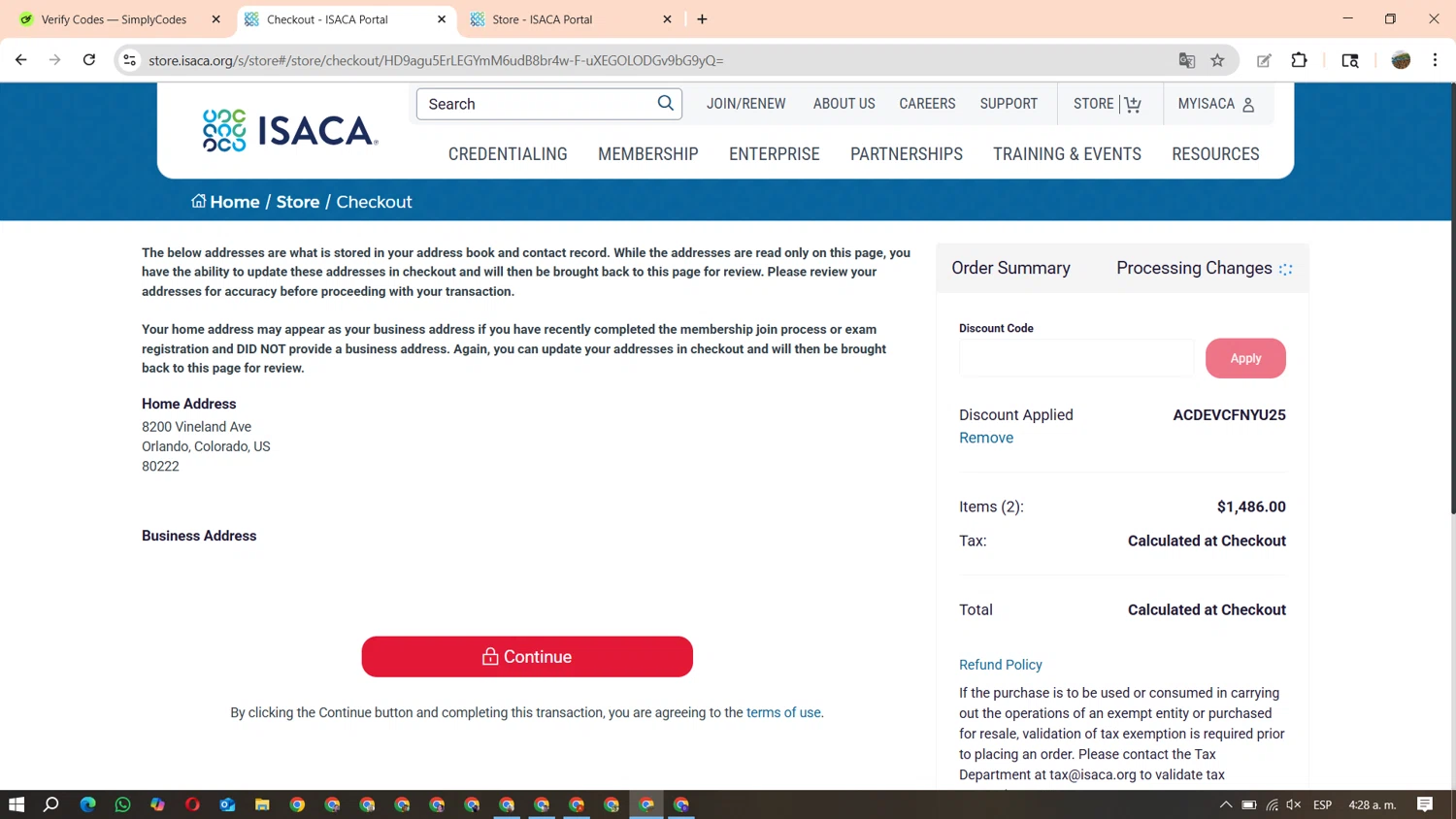 ISACA checkout page showing ISACA discount code box | Screenshot taken by SimplyCodes community member on Oct 8, 2025