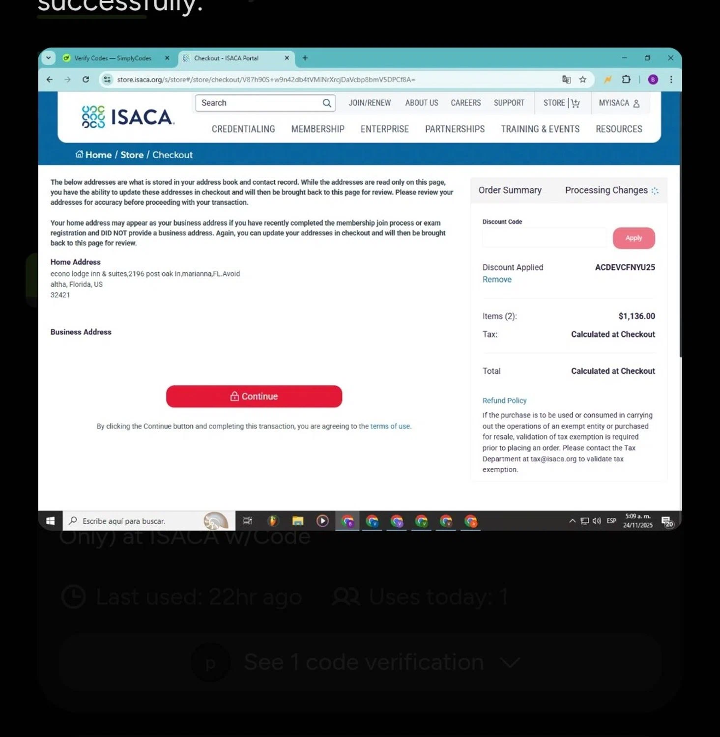 ISACA checkout page showing ISACA discount code box | Screenshot taken by SimplyCodes community member on Dec 7, 2025