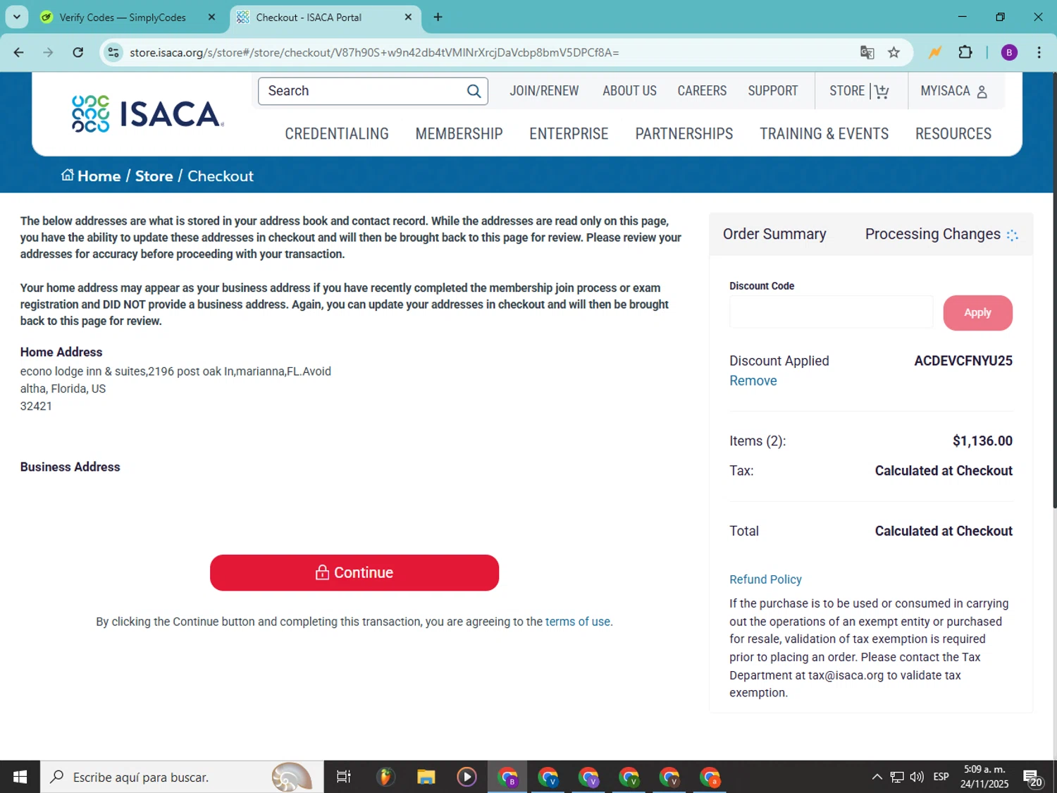 ISACA checkout page showing ISACA discount code box | Screenshot taken by SimplyCodes community member on Nov 24, 2025