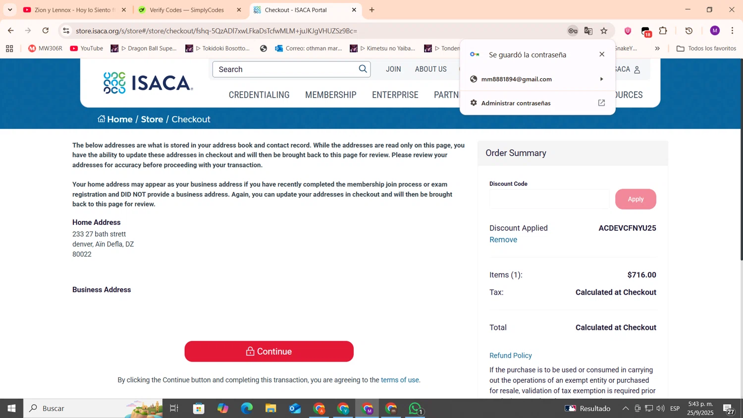 ISACA checkout page showing ISACA discount code box | Screenshot taken by SimplyCodes community member on Sep 25, 2025