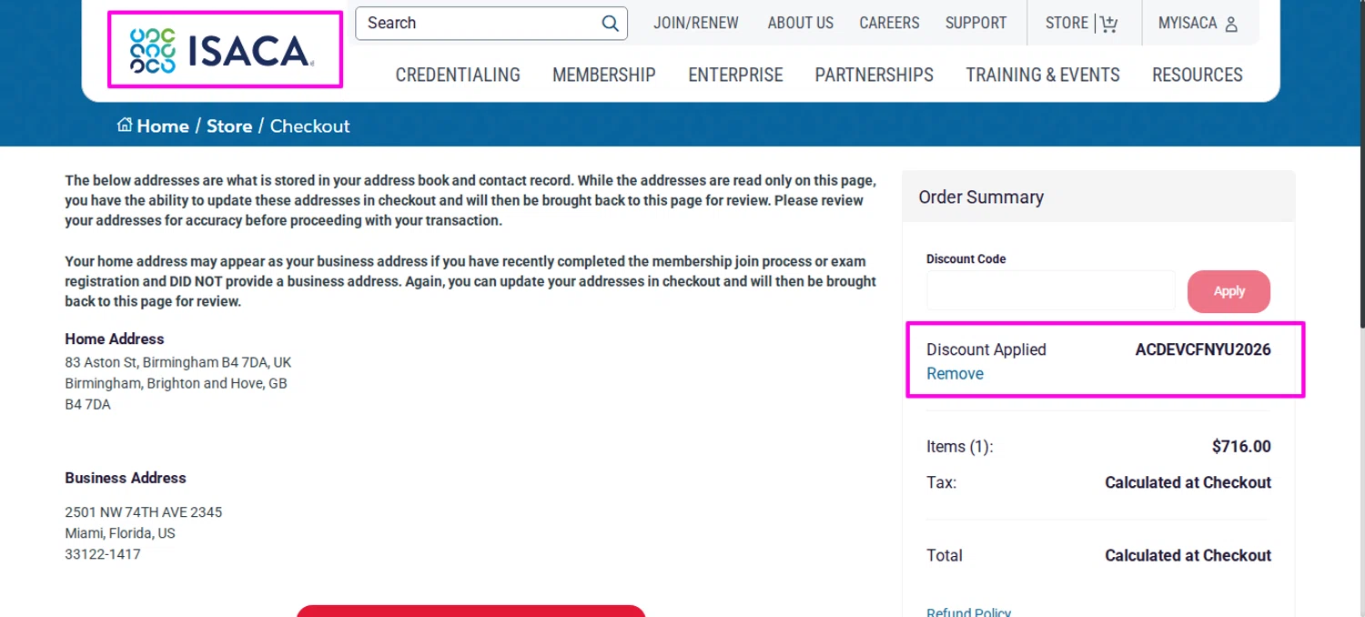 ISACA discount code screenshot showing code ACDEVCFNYU2026 applied at ISACA checkout page. Uploaded by SimplyCodes community member mrdarcy on Feb 8, 2026