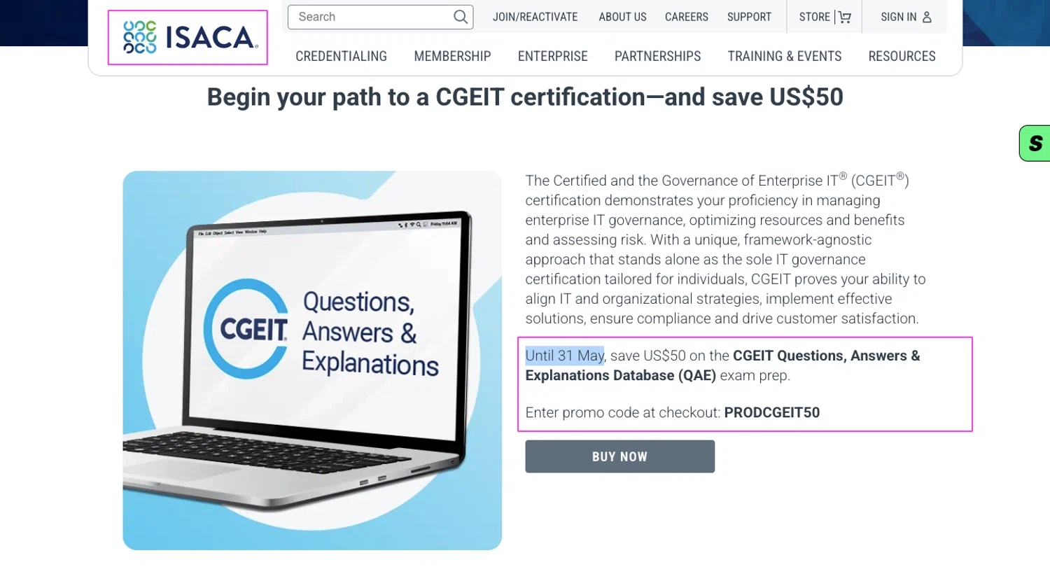 ISACA promo code screenshot showing code PRODCGEIT50 applied at ISACA checkout page. Uploaded by SimplyCodes community member mrdarcy on May 18, 2026