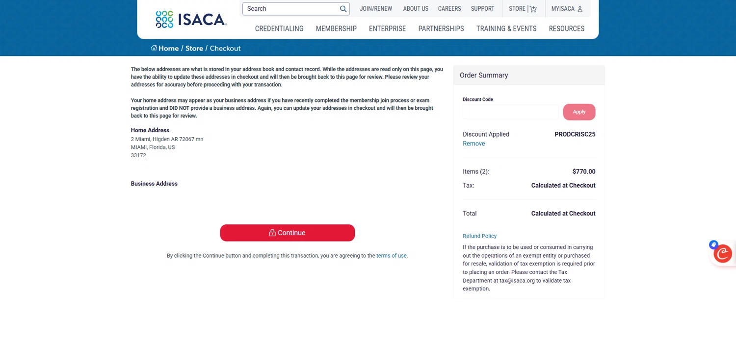 ISACA discount code screenshot showing code PRODCRISC25 applied at ISACA checkout page. Uploaded by SimplyCodes community member pabloprieto on Nov 20, 2025