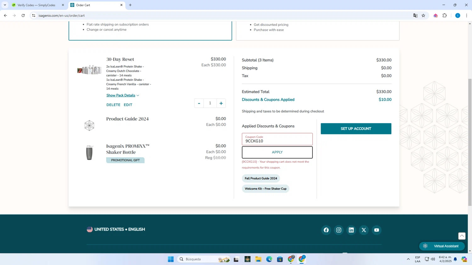 Isagenix coupon code screenshot showing code 9CCKG10 applied at Isagenix checkout page. Uploaded by SimplyCodes community member Derecksrob on Feb 4, 2025