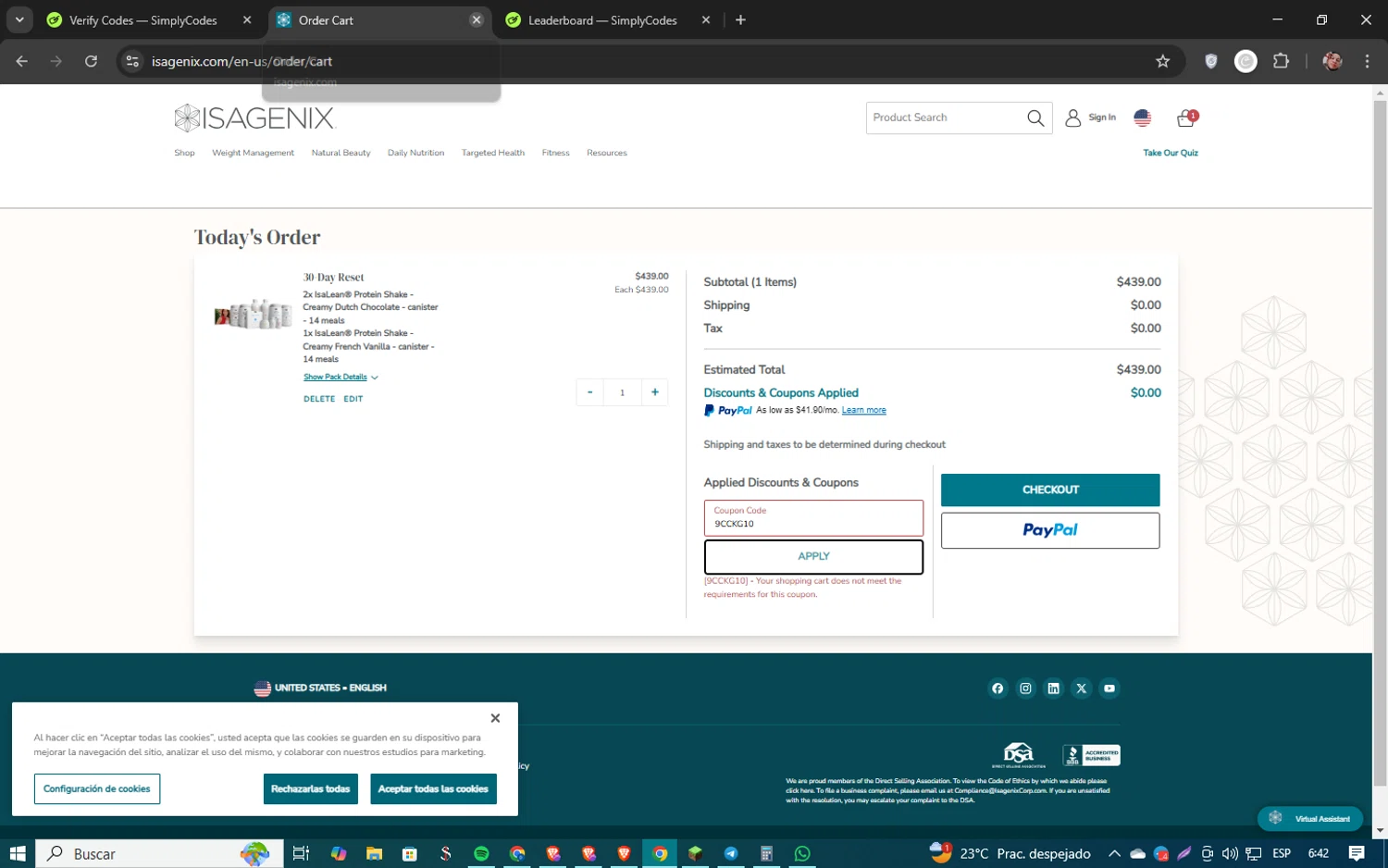 Isagenix coupon code screenshot showing code 9CCKG10 applied at Isagenix checkout page. Uploaded by SimplyCodes community member 61451681 on Feb 4, 2025