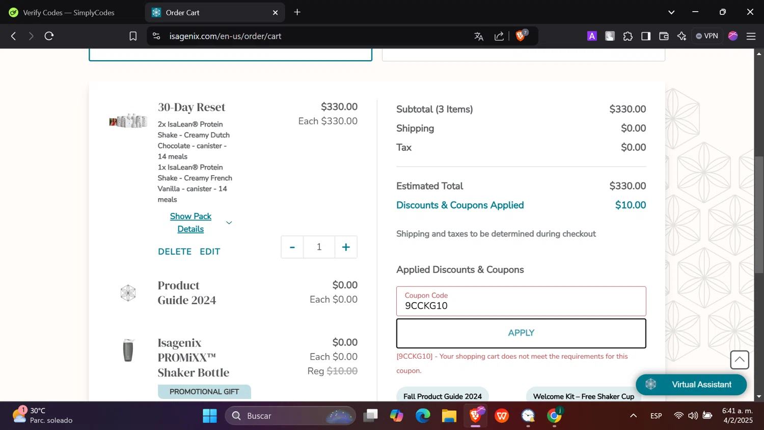 Isagenix coupon code screenshot showing code 9CCKG10 applied at Isagenix checkout page. Uploaded by SimplyCodes community member hanzell2 on Feb 4, 2025