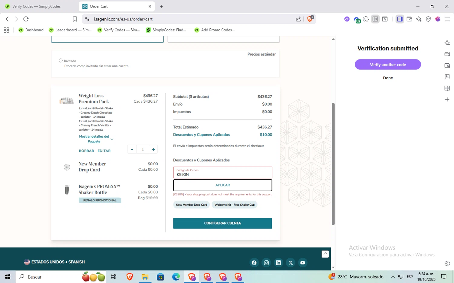 Isagenix coupon code screenshot showing code KS90N applied at Isagenix checkout page. Uploaded by SimplyCodes community member Rayyyyyy on Oct 19, 2025