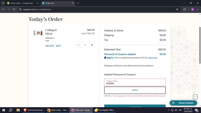 Isagenix checkout page showing Isagenix coupon code box | Screenshot taken by SimplyCodes community member on Mar 25, 2025