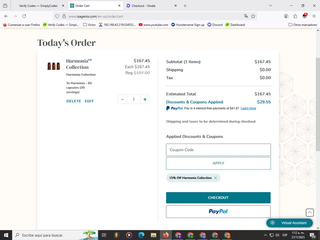 Isagenix checkout page showing Isagenix coupon code box | Screenshot taken by SimplyCodes community member on Jul 27, 2025