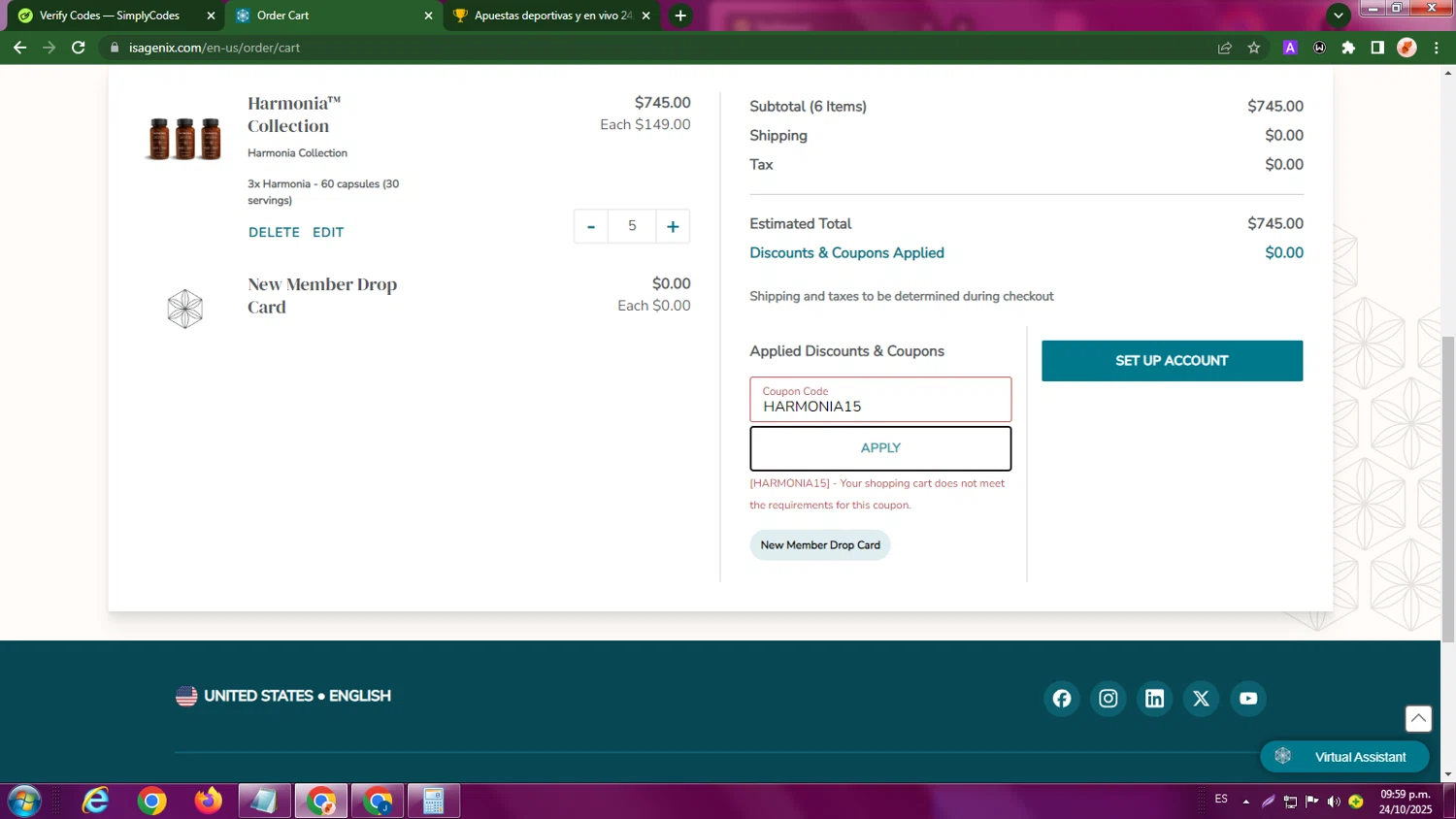 Isagenix coupon code screenshot showing code HARMONIA15 applied at Isagenix checkout page. Uploaded by SimplyCodes community member LegendaryBoss7060 on Oct 25, 2025