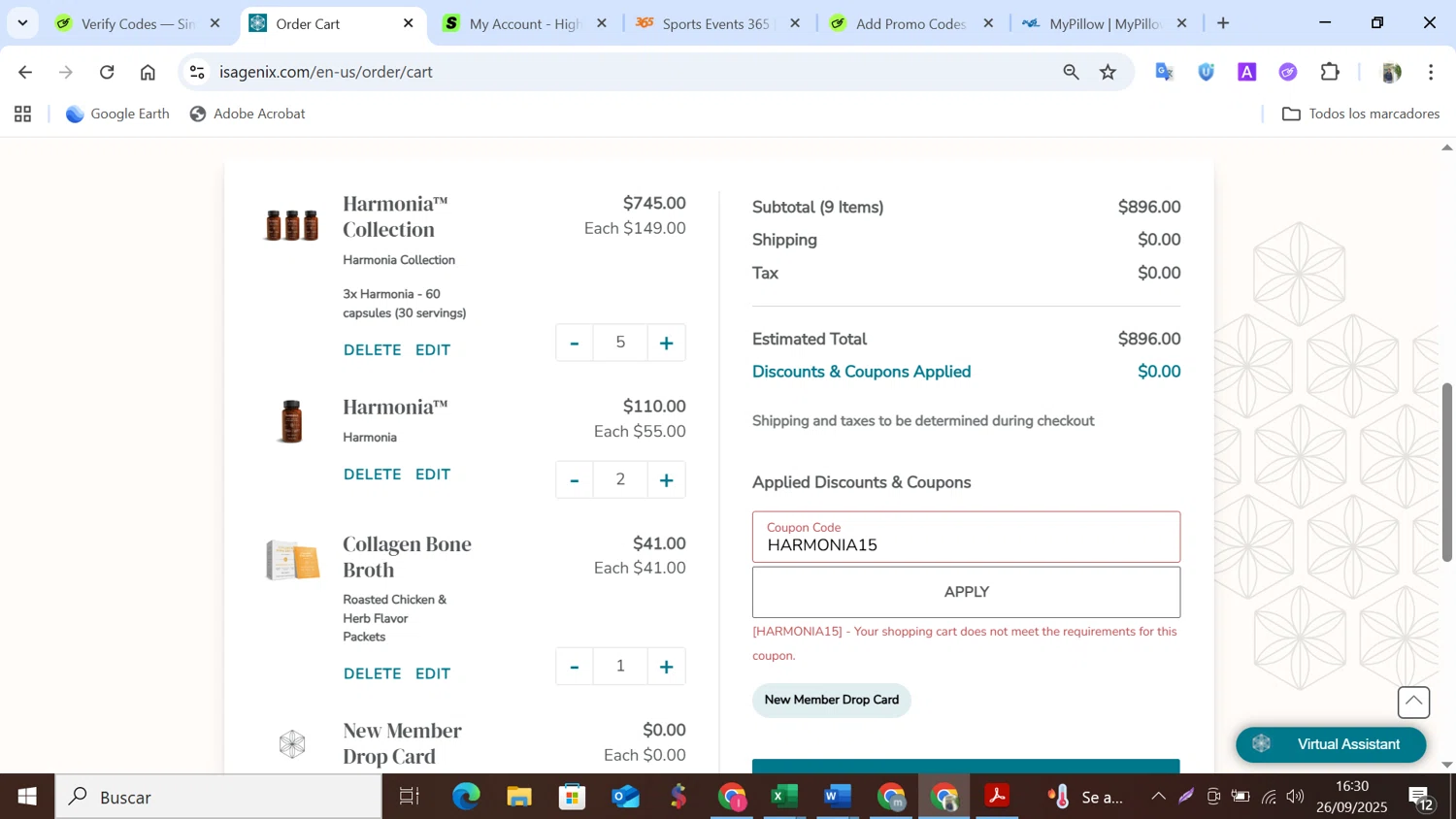 Isagenix checkout page showing Isagenix coupon code box | Screenshot taken by SimplyCodes community member on Sep 26, 2025