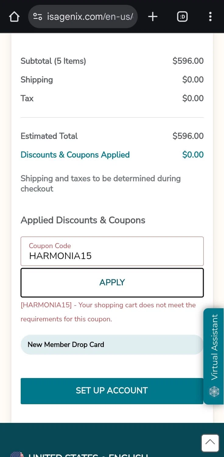 Isagenix coupon code screenshot showing code HARMONIA15 applied at Isagenix checkout page. Uploaded by SimplyCodes community member ValiantCurator3344 on Oct 2, 2025