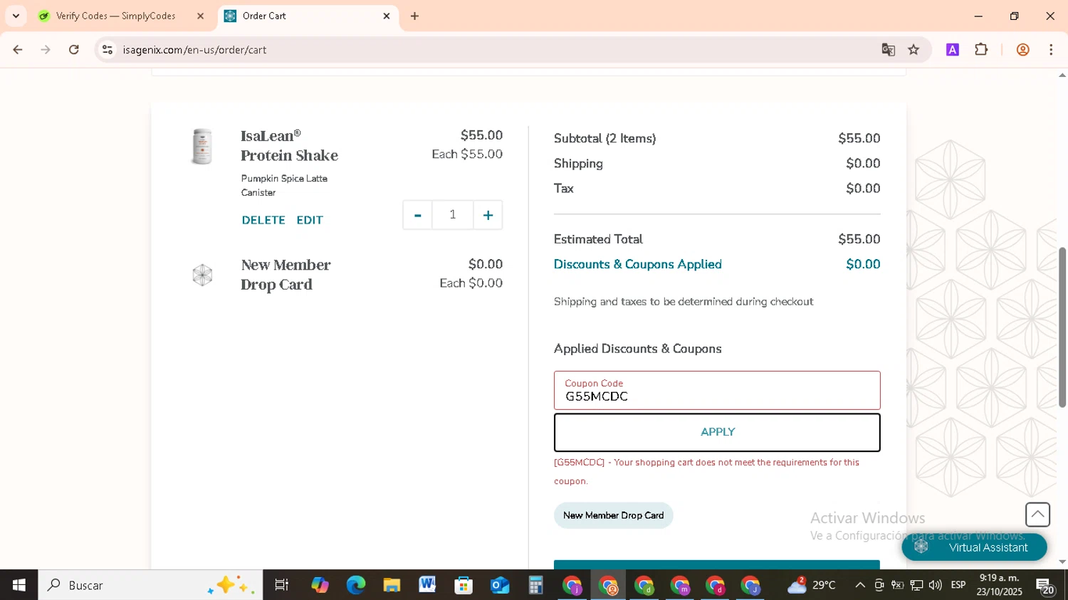 Isagenix coupon code screenshot showing code G55MCDC applied at Isagenix checkout page. Uploaded by SimplyCodes community member RebateCollector5909 on Oct 23, 2025