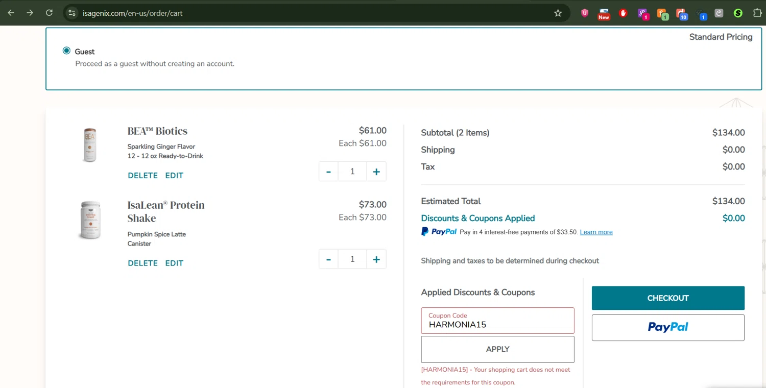 Isagenix coupon code screenshot showing code HARMONIA15 applied at Isagenix checkout page. Uploaded by SimplyCodes community member antonietarodriguez96 on Oct 24, 2025