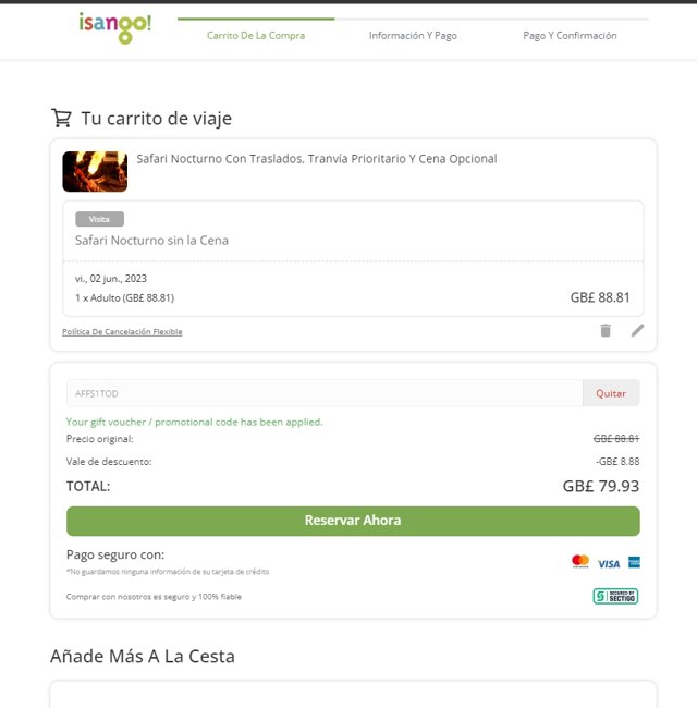 Isango checkout page showing Isango promo code box | Screenshot taken by SimplyCodes community member on May 14, 2023
