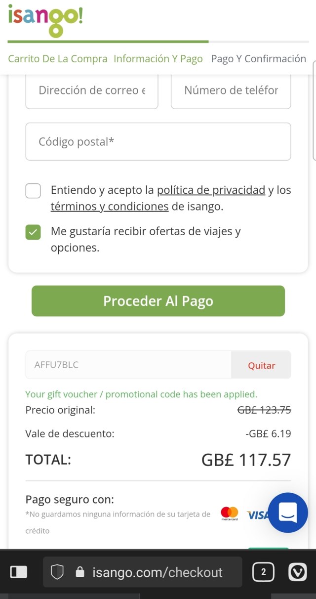 Isango checkout page showing Isango promo code box | Screenshot taken by SimplyCodes community member on Jun 9, 2023