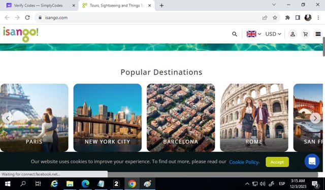 Isango checkout page showing Isango promo code box | Screenshot taken by SimplyCodes community member on Dec 3, 2023