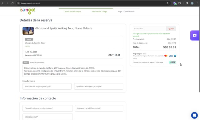 Isango checkout page showing Isango promo code box | Screenshot taken by SimplyCodes community member on Nov 6, 2023