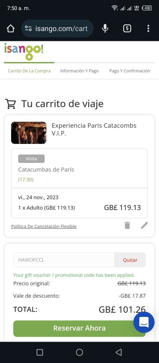 Isango checkout page showing Isango promo code box | Screenshot taken by SimplyCodes community member on Nov 13, 2023