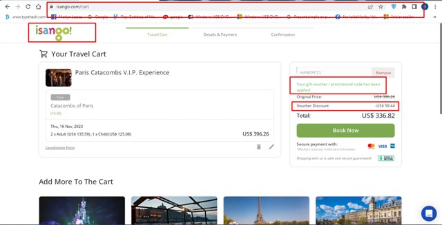 Isango checkout page showing Isango promo code box | Screenshot taken by SimplyCodes community member on Oct 15, 2023